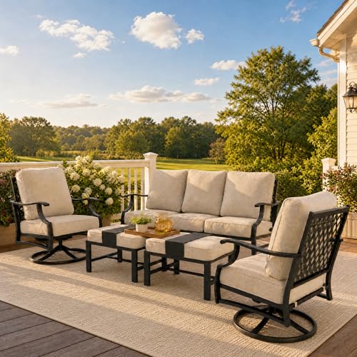 Sunshine Valley 5 piece beige metal patio conversation set with 3-seat couch, 2 chairs and 2 ottomans