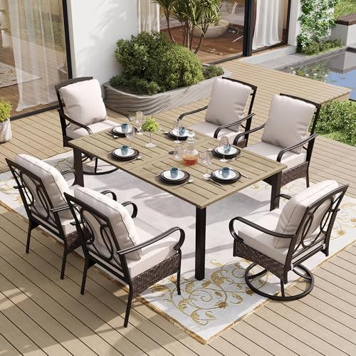 Sunshine Valley 7 piece patio dining set, wood-look table with 4 fixed and 2 swivel wicker chairs