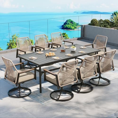 Sunshine Valley 9 piece patio dining set, 83 inch metal table with 8 swivel rattan chairs