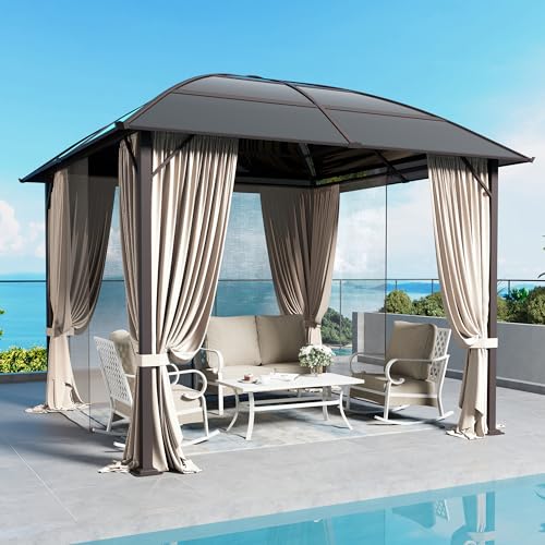 Sunshine Valley 10 by 10 foot dark brown hardtop gazebo with polycarbonate roof and netting