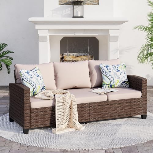Sunshine Valley 3 seat beige wicker rattan patio sofa with 4 inch thick cushions